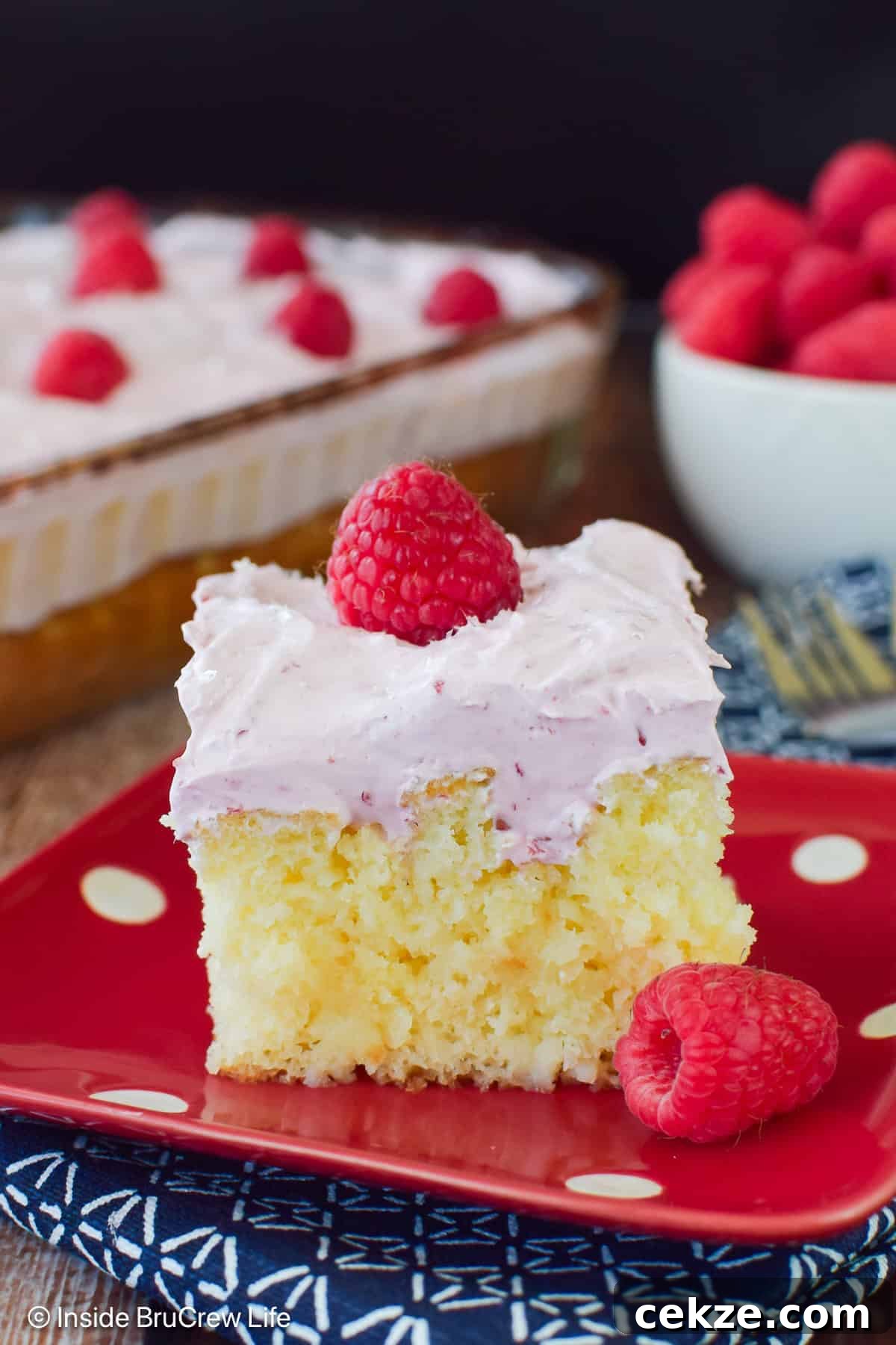 A slice of hazelnut raspberry cake on a red polkadot plate.
