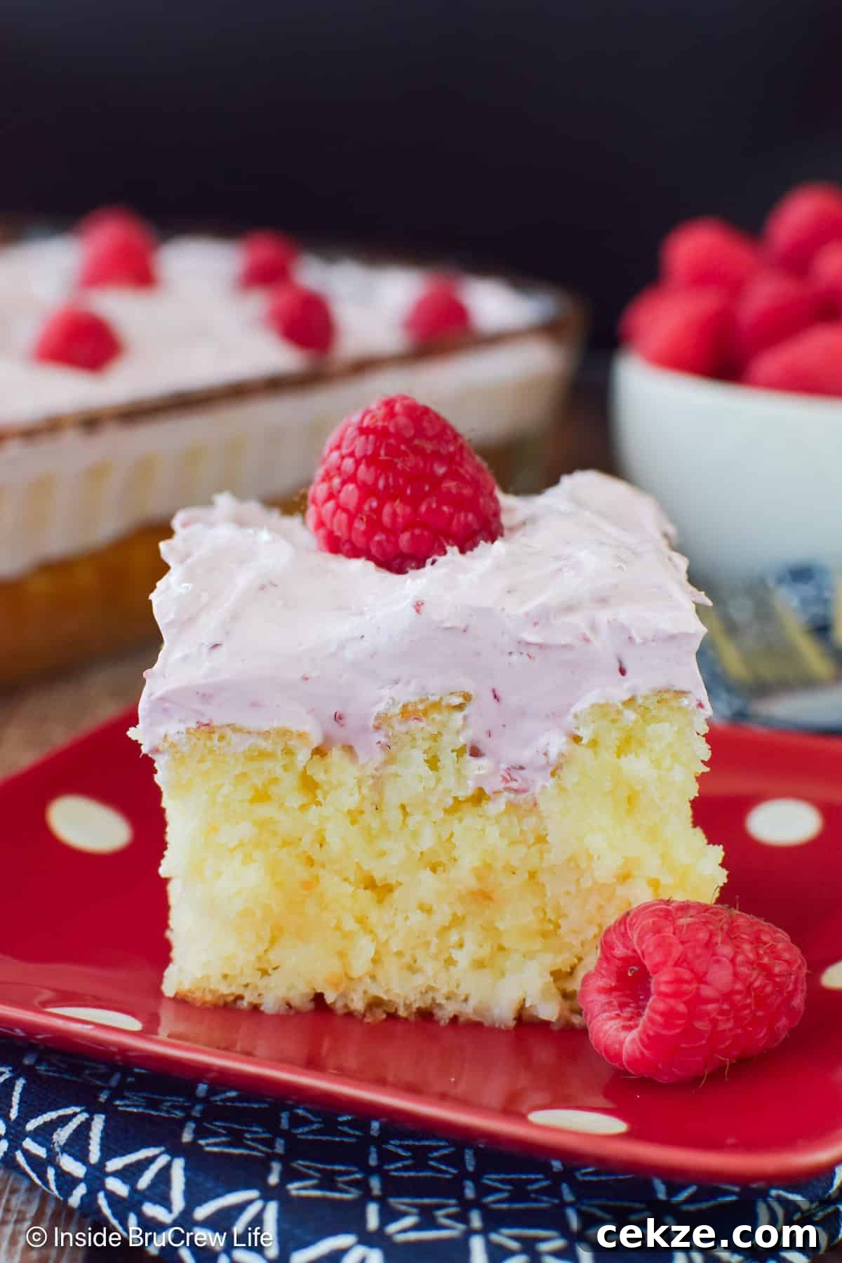 A slice of hazelnut raspberry poke cake on a red polkadot plate.
