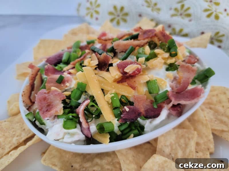 Creamy Bacon Cheddar Ranch Dip Recipe for Parties and Game Day 8 bacon cheddar ranch dip in a white bowl surrounded by tortilla chips