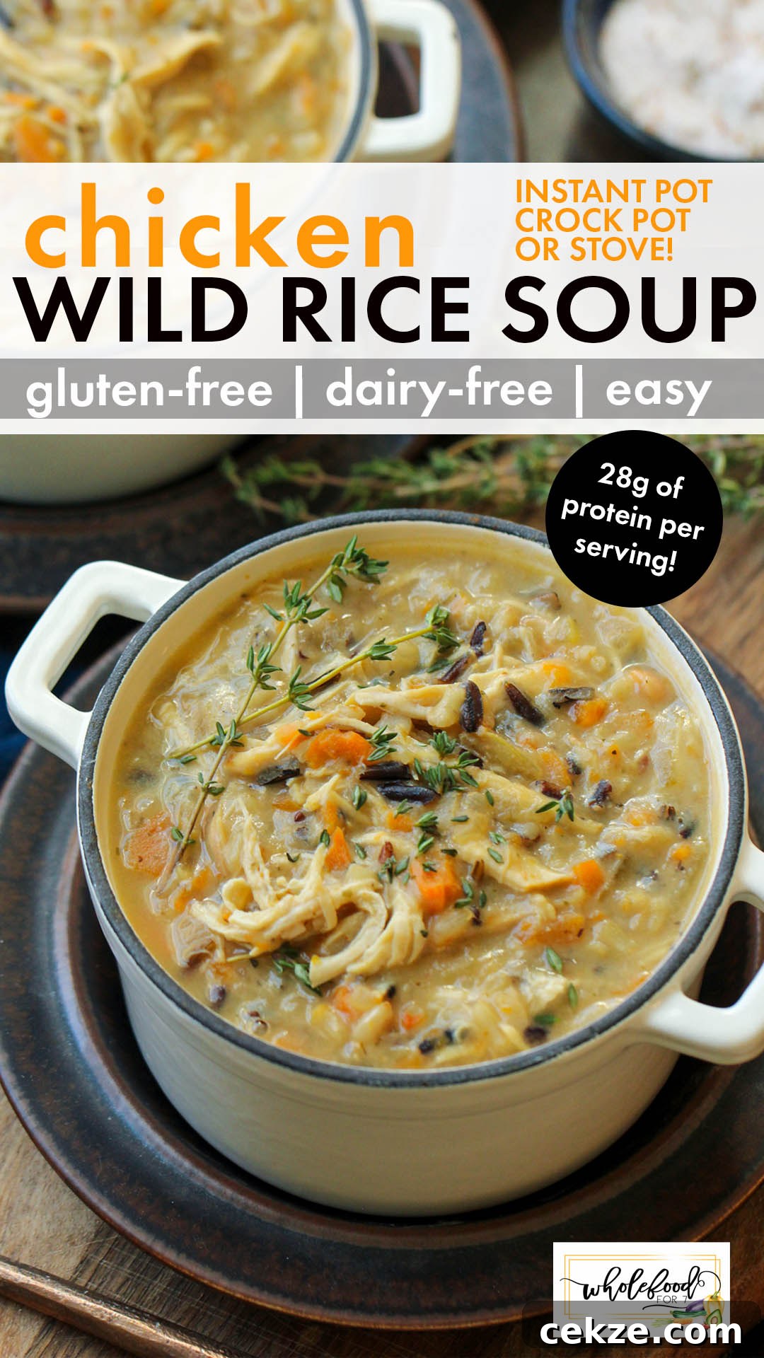 Chicken Wild Rice Soup - Gluten-free, dairy-free, and naturally nut-free and egg-free. An EASY allergen-friendly soup you can cook in the Instant Pot, slow cooker, or on the stove. Filled with 28 grams of protein per serving!