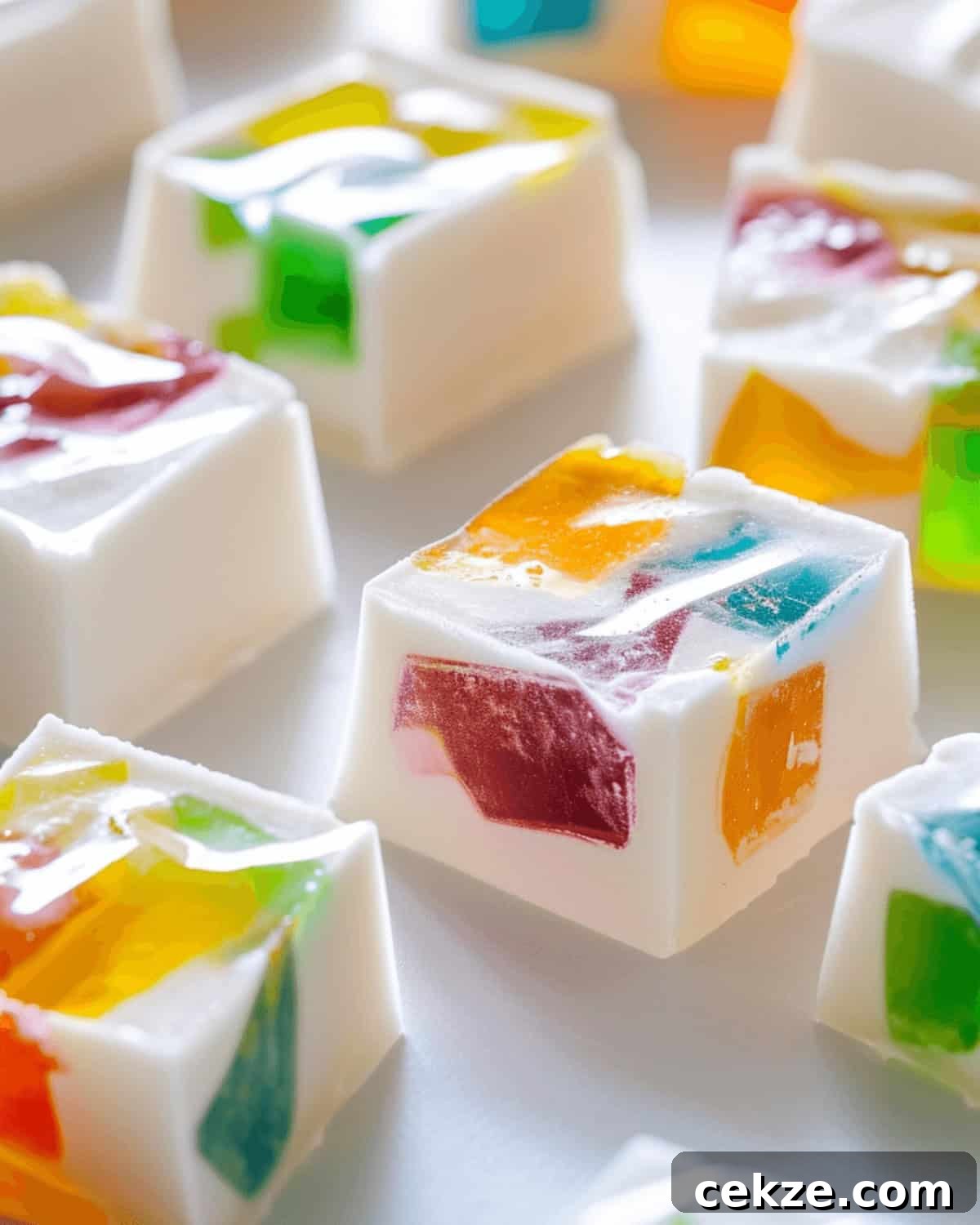 Mosaic-inspired gummy jello squares on a white surface.