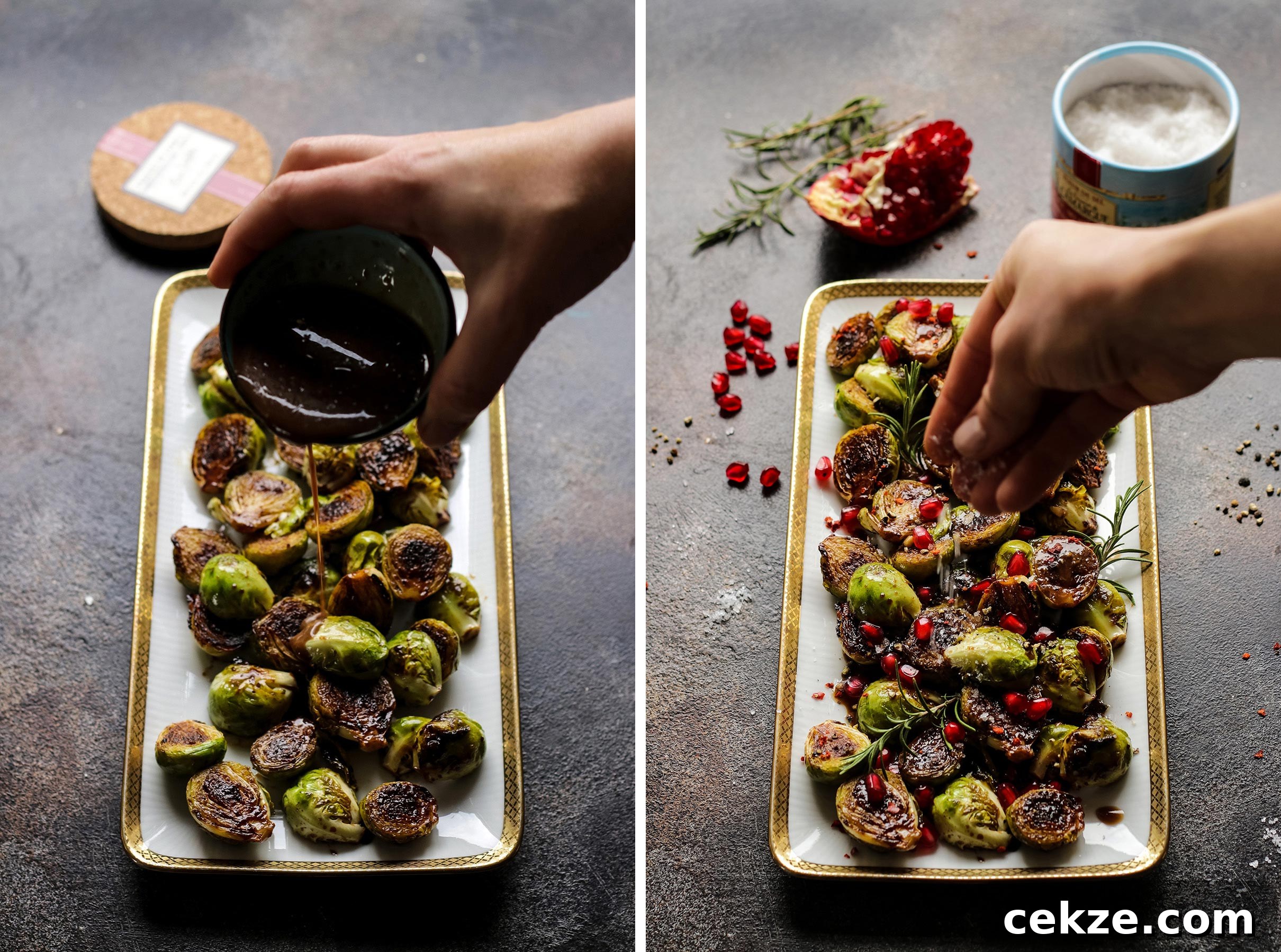 Process Shot of Garnishing Brussels Sprouts.