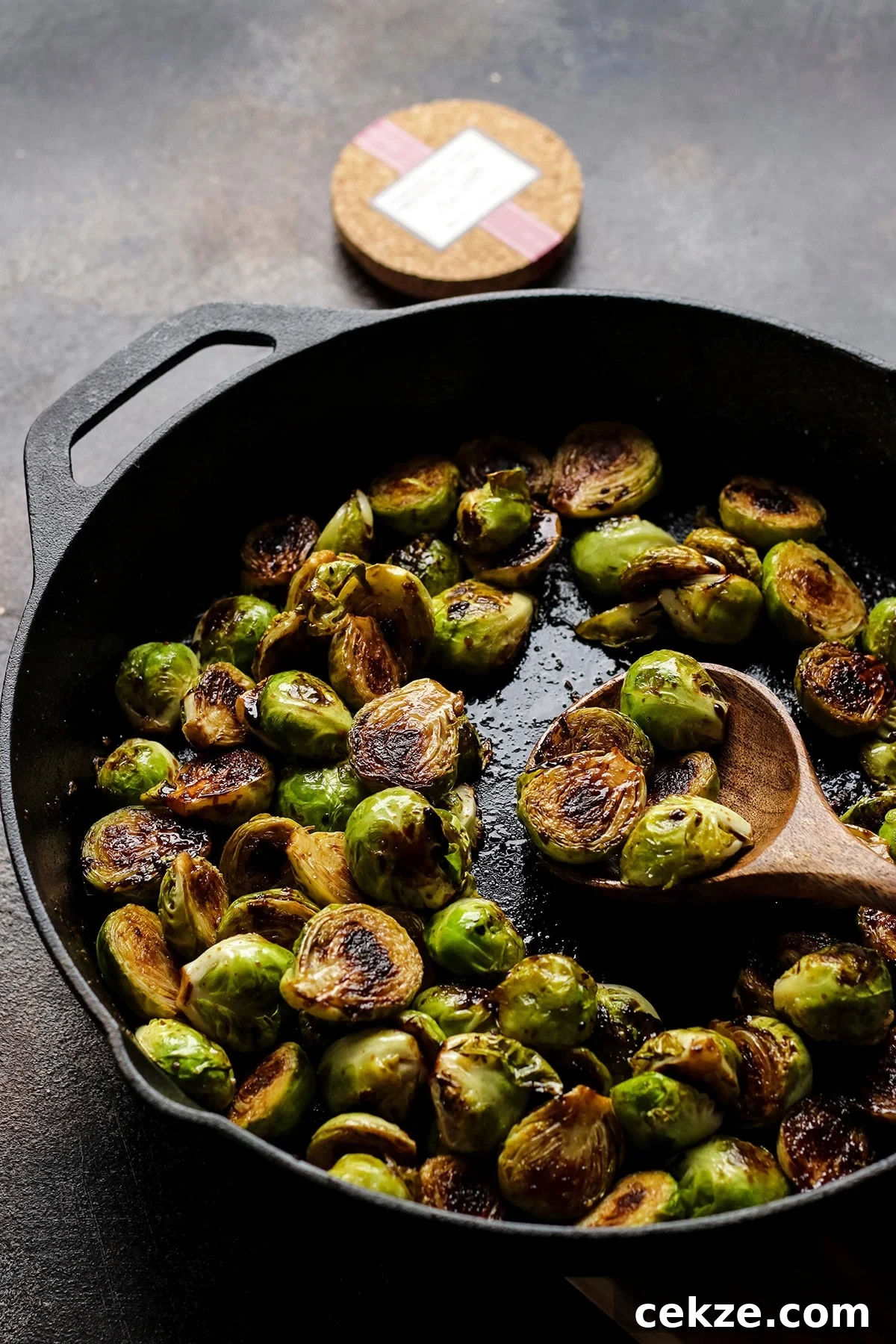 Glazed Brussels Sprouts in a Cast Iron Skillet.