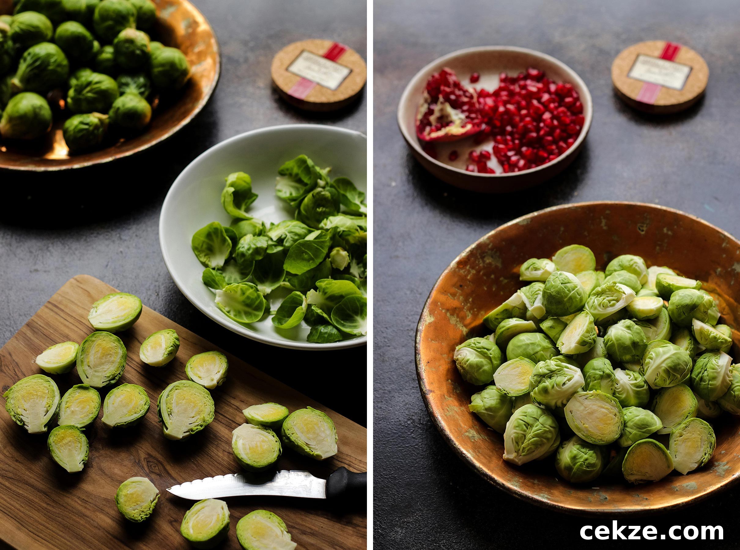 Process Shot of Cutting and Peeling Brussels Sprouts.