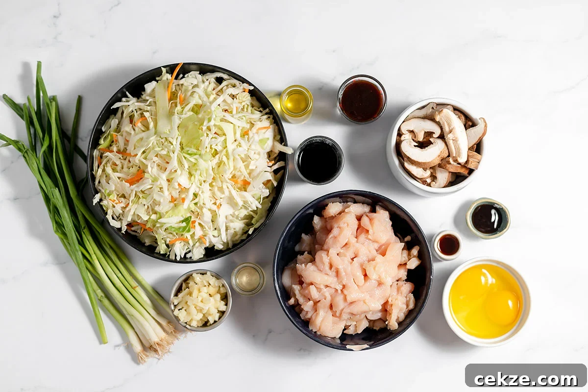 Ingredients to make Moo Shu Chicken set out on the counter.