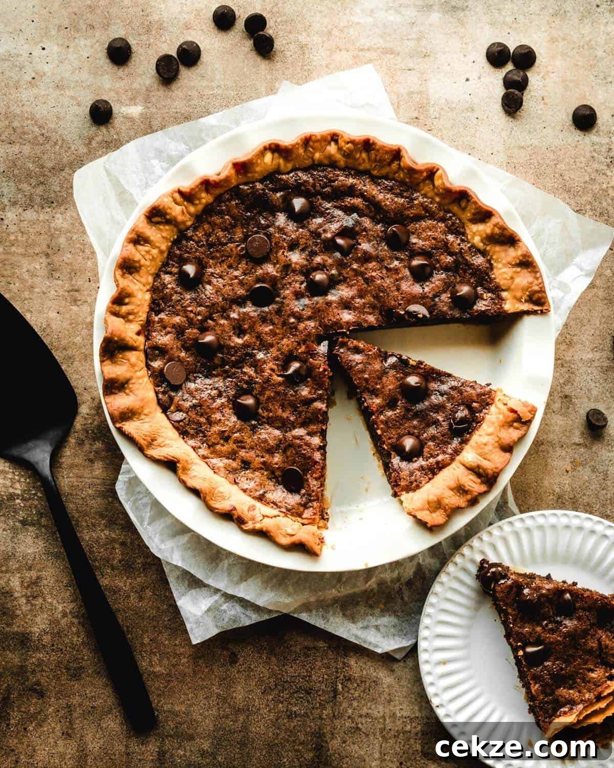 Ultimate Chocolate Chip Cookie Pie Recipe for Every Occasion 3 Chocolate chip pie with 2 slices removed and one sitting on a plate in front of the pie.
