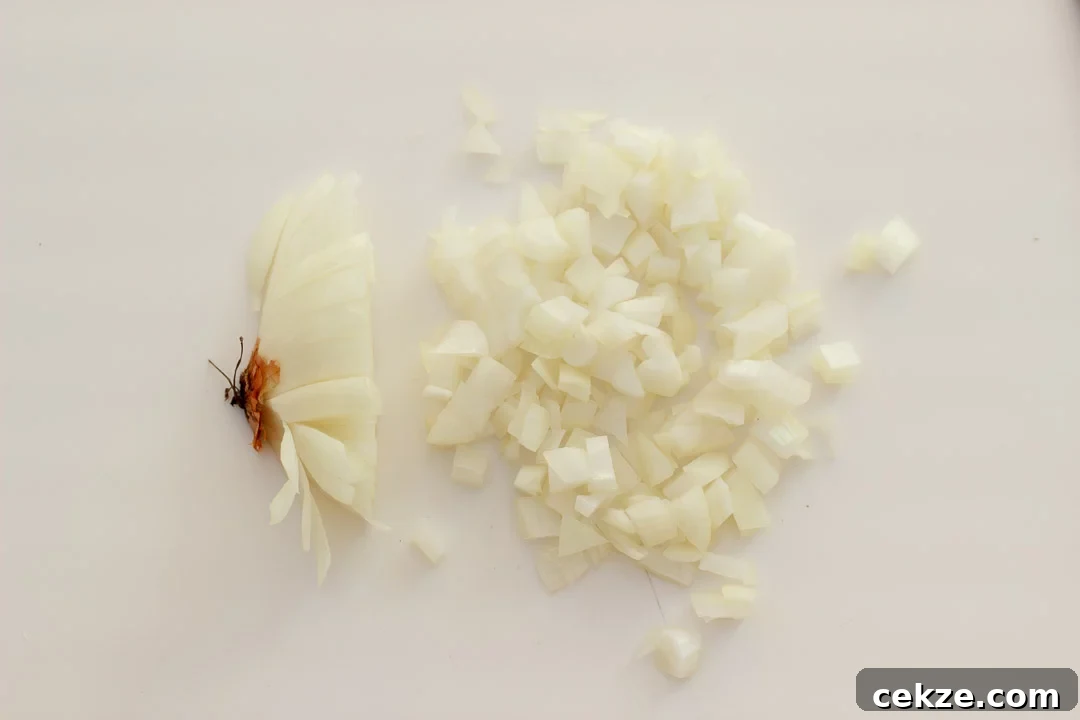 An onion root and diced onion