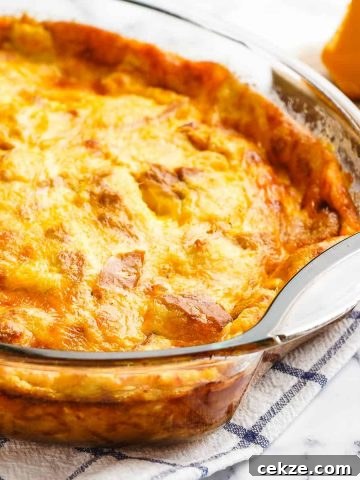 Close up view of cheese pudding in casserole dish