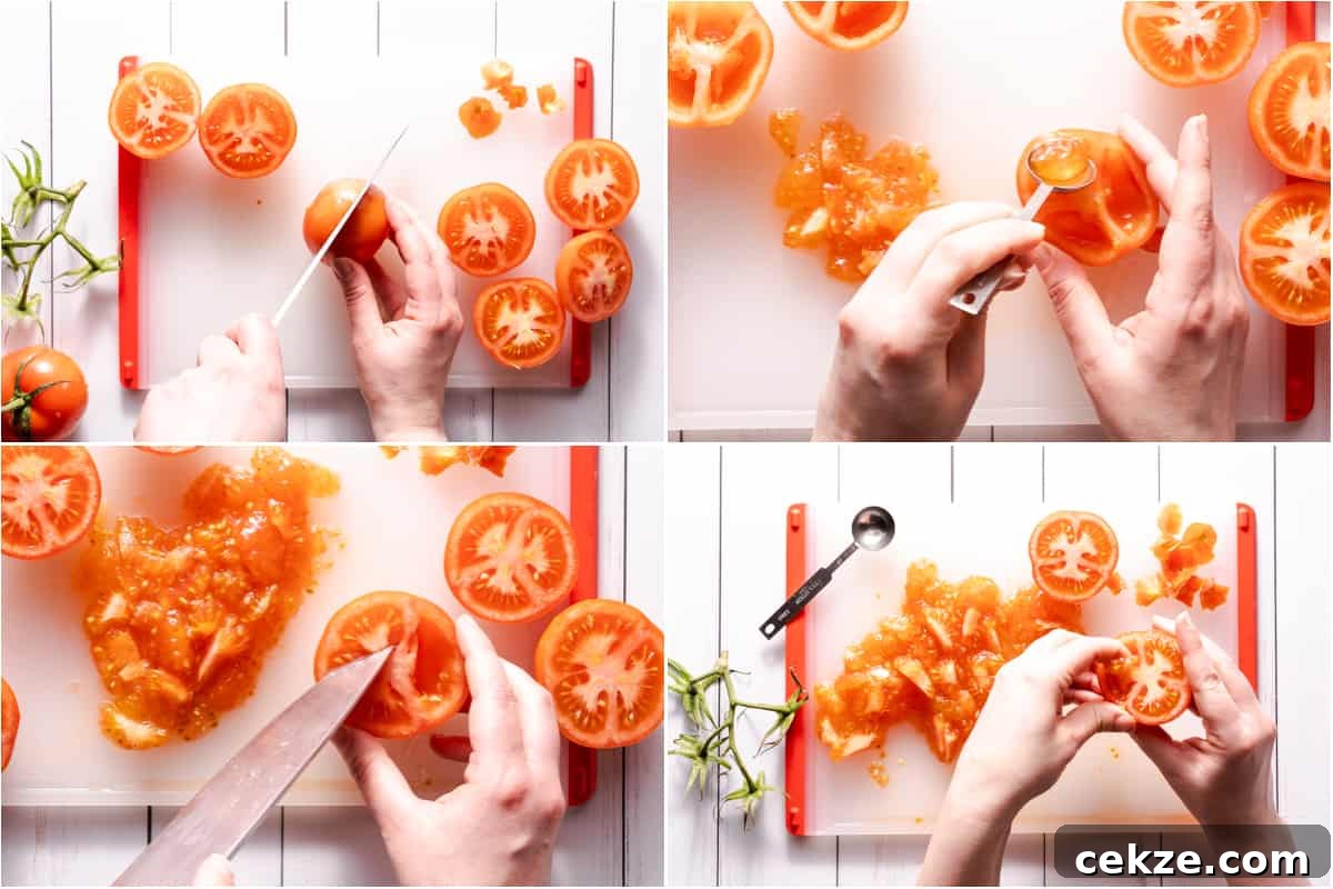 collage of seeds being scooped out of tomatoes