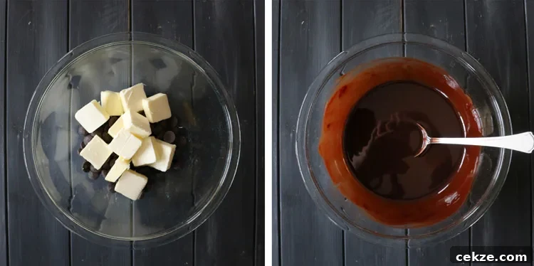 overhead view of two glass bowls, one with butter and chocolate chips, the other after they've been melted and stirred