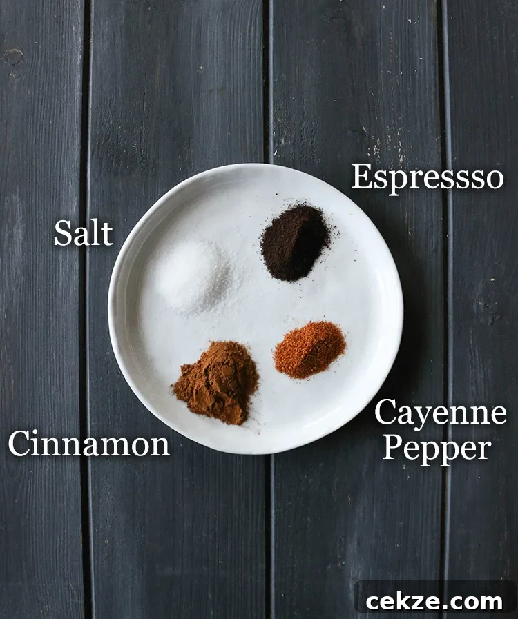 round white plate with small piles of salt, espresso, cinnamon and cayenne