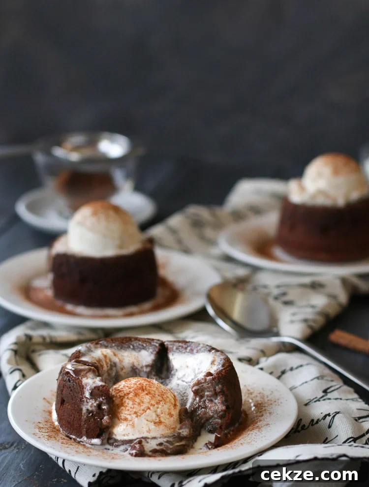 A spicy molten chocolate lava cake, broken open with ice cream melted in the center