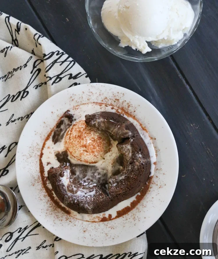 an overhead view of A spicy molten chocolate lava cake, broken open with ice cream melted in the center