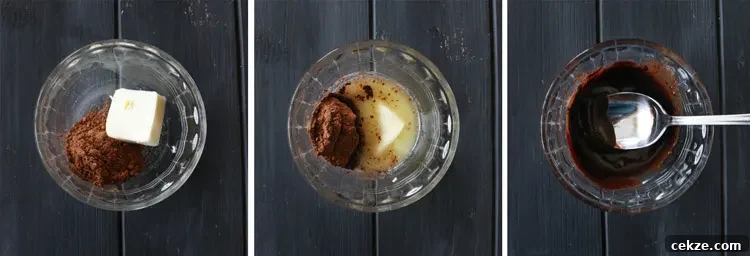 trio of photos of a small glass bowl with butter and cocoa, melted butter and cocoa, and the same mixture once stirred