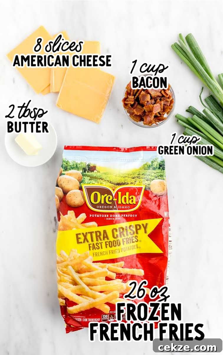 Loaded Dirty Fries Recipe: Crispy Fries Topped with Cheese & Bacon 3 Dirty Fries raw ingredients that are labeled