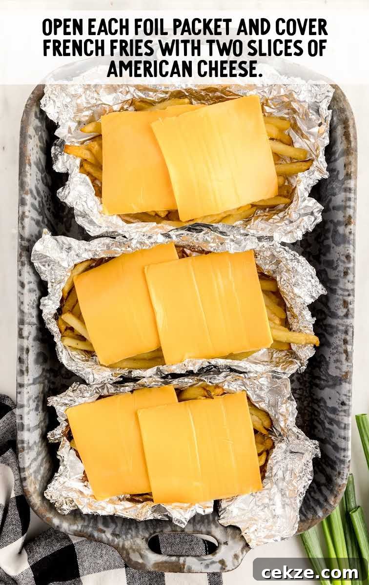 Loaded Dirty Fries Recipe: Crispy Fries Topped with Cheese & Bacon 8 French fries topped with slices of American cheese