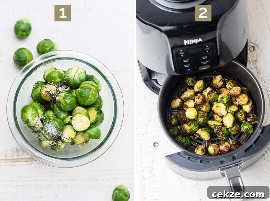 Step 1 shows to prep the brussels sprouts, and step 2 shows to air fry the brussels sprouts.