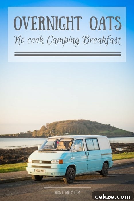 No-Cook Overnight Oats Recipe for Camping Breakfast 2 Overnight Oats being enjoyed in a Campervan in early morning light parked with the ocean and Looe Island behind