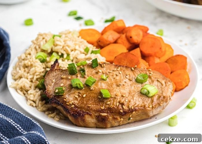 Juicy pork chop served on a white plate with rice and carrots. Topped with sesame seeds and chopped green onions.