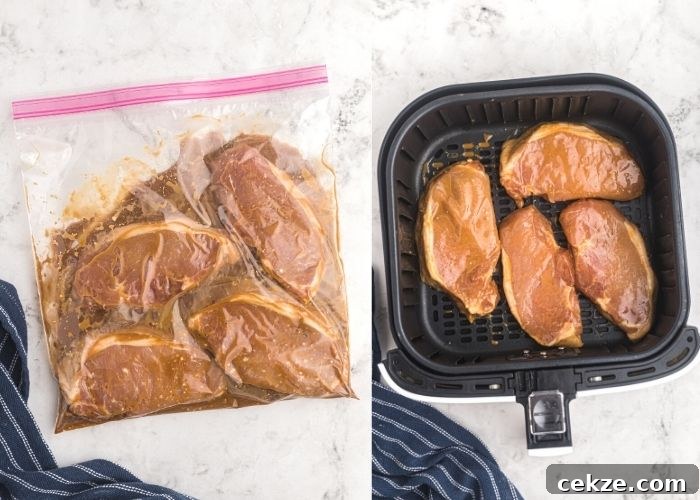Pork chops in a ziploc bag, sealed and marinating in juices, next to the pork chops shown in the air fryer basket before cooking.