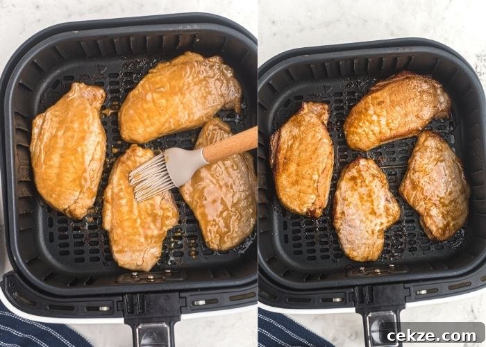 Pork chops in the air fryer basket, being brushed with the marinade and then after cooking.