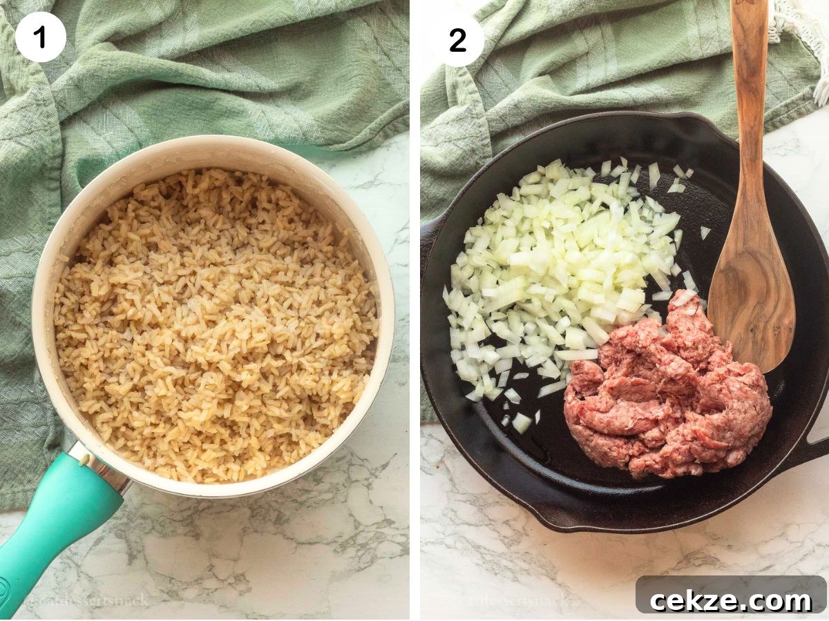 Cooked brown rice in white pot, and raw onions and ground beef in black skillet with wooden spoon.