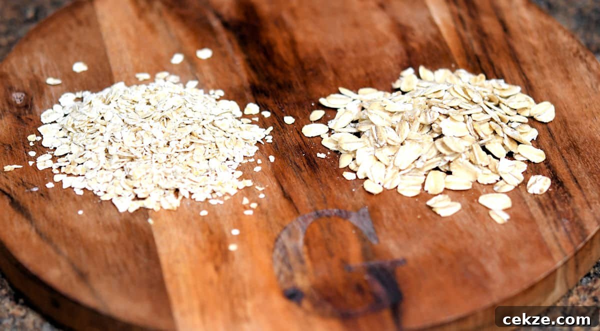 Oatmeal, Honey & Pistachio Cookies Recipe for Crispy, Chewy Bites 5 comparison of old fashioned oats and quick oats on a small wooden cutting board.