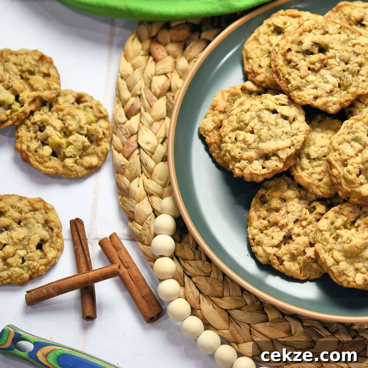 Oatmeal, Honey & Pistachio Cookies Recipe for Crispy, Chewy Bites 10 oatmeal pistachio cookies on a green ceramic plate.
