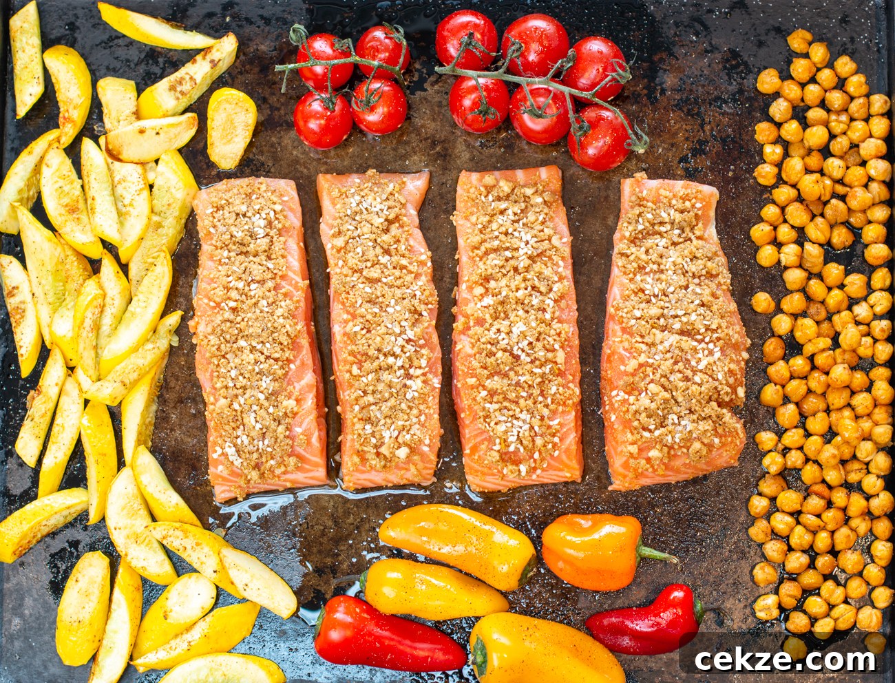 Egyptian Sheet Pan Dukkah Salmon with Veggies & Chickpeas