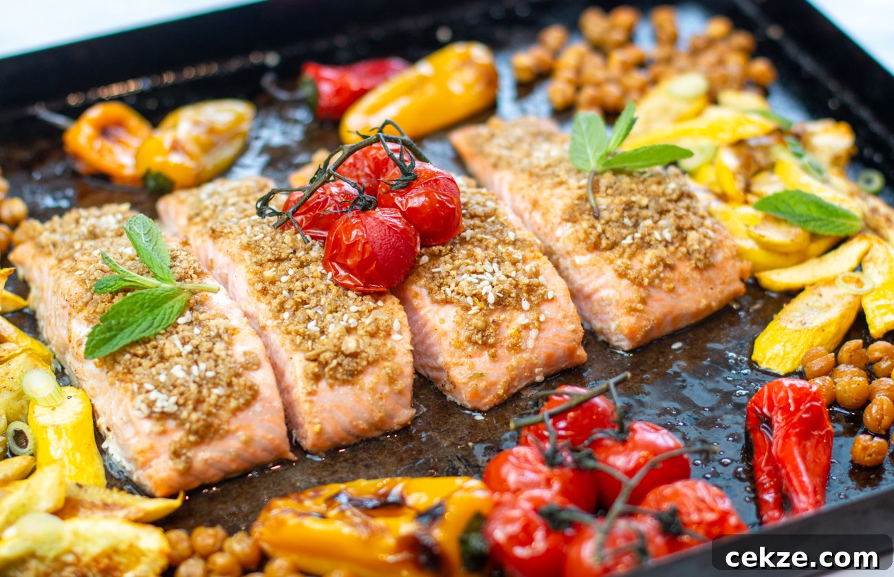 Egyptian Sheet Pan Dukkah Salmon with Veggies & Chickpeas 