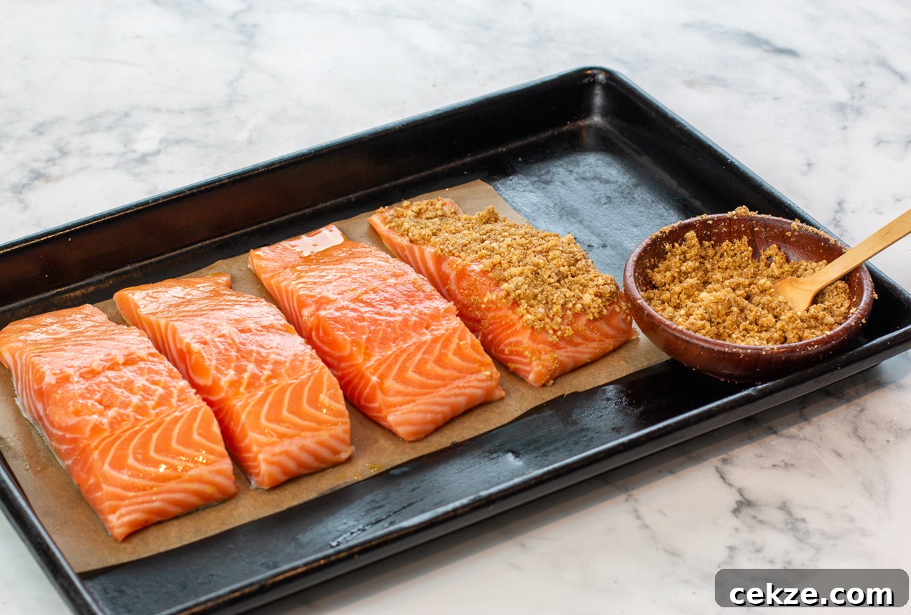Add some Dukkah Seasoning on top of each piece of Salmon