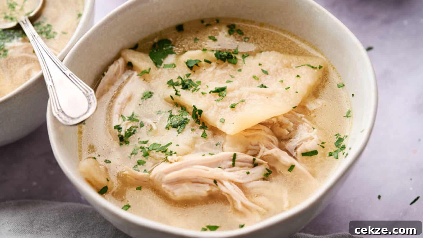 A bowl of Cracker Barrel Chicken and Dumplings garnished with chopped parsley.