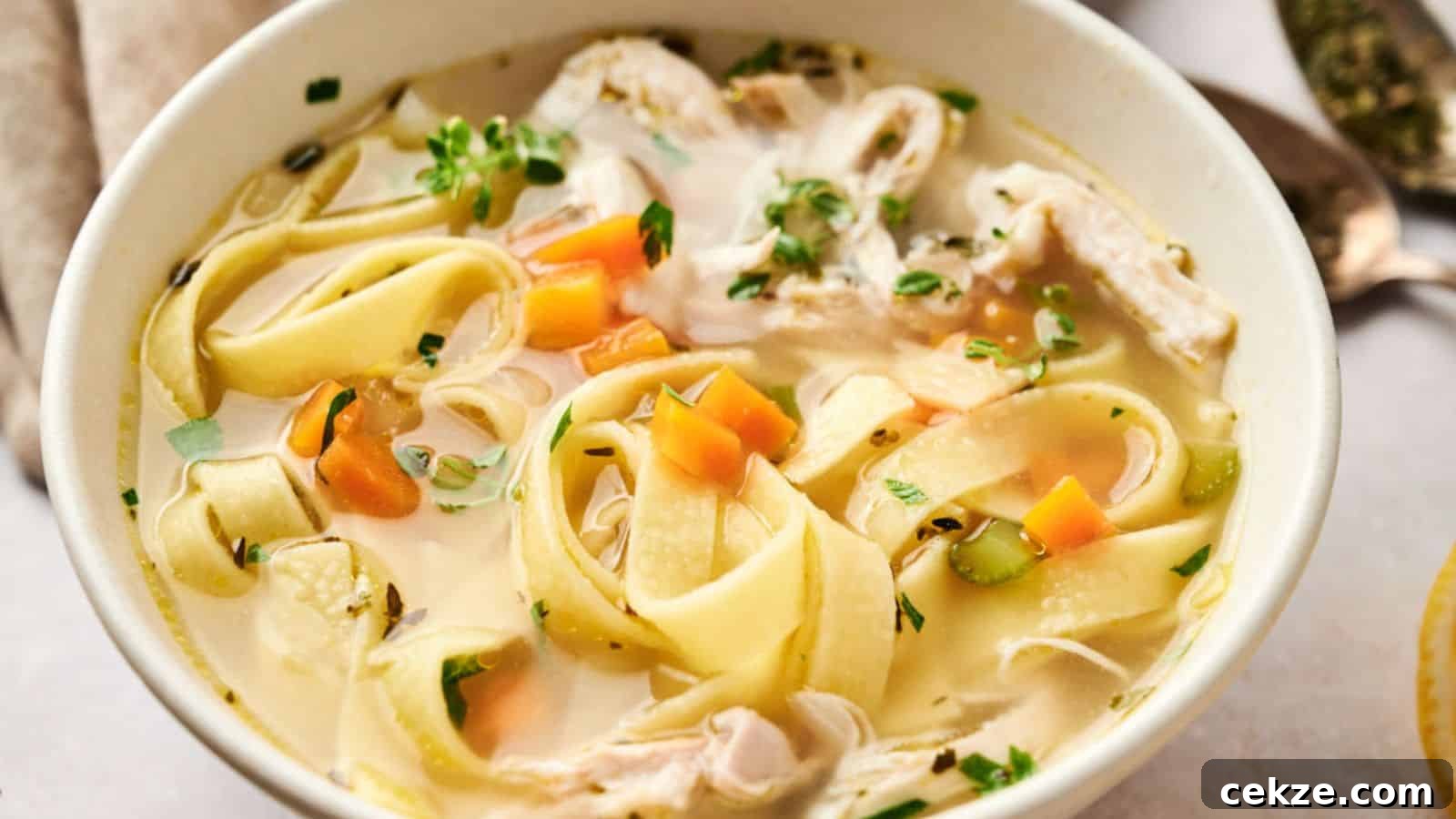 A bowl of chicken noodle soup with wide noodles, chunks of chicken, carrots, celery, and herbs in a clear broth.