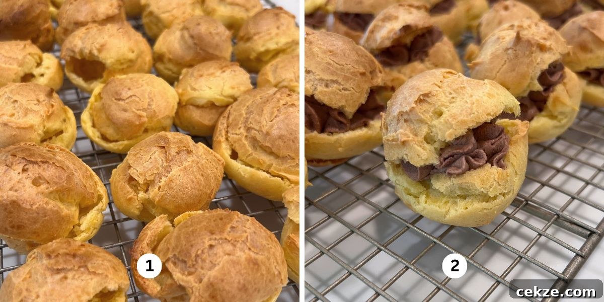 How to Make Classic Cream Puffs: Light Choux Pastry Recipe 12 Sliced cream puffs filled with piped chocolate whipped cream on a cooling rack.