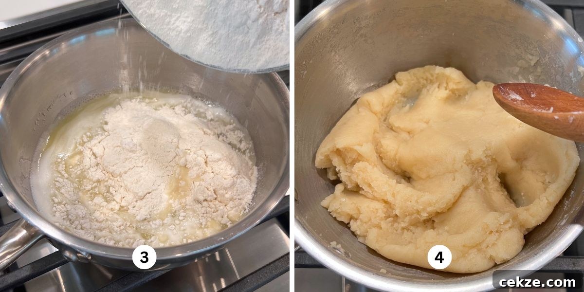 How to Make Classic Cream Puffs: Light Choux Pastry Recipe 6 Adding flour to choux pastry mixture using a wooden spoon in a medium-size stainless steel sauce pan over a cooktop.