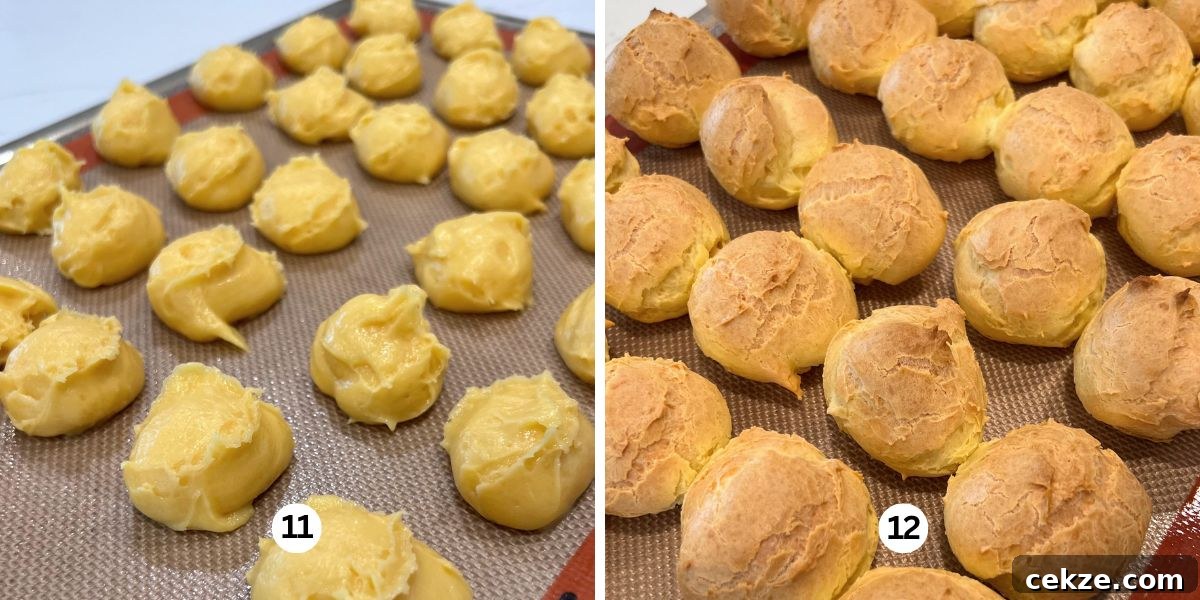 How to Make Classic Cream Puffs: Light Choux Pastry Recipe 10 Baking cream puffs spaced about one inch apart on a silicone lined cookie sheet.