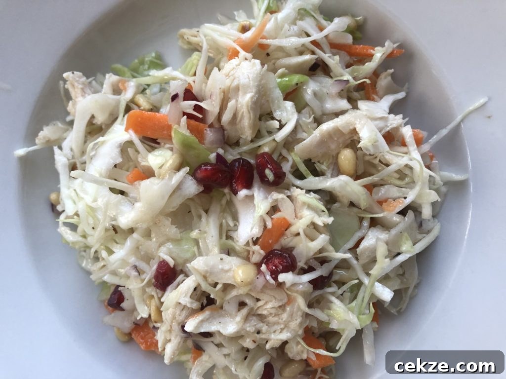 Chicken Salad with Cabbage, Pine Nuts, and Lemon Dressing 3 Bowl with chicken coleslaw.