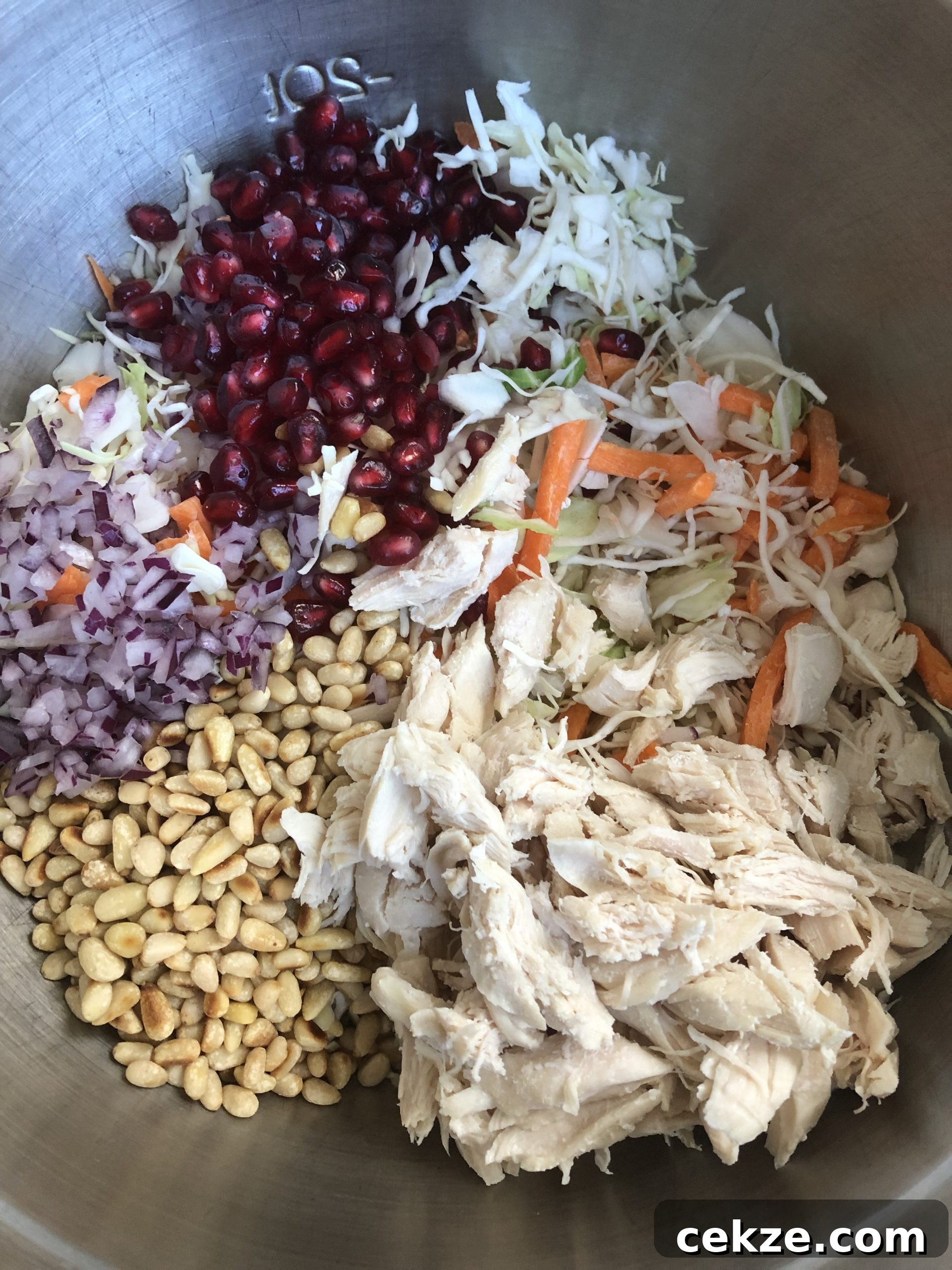 Chicken Salad with Cabbage, Pine Nuts, and Lemon Dressing 4 A large bowl with shredded chicken, cole slaw mix, pomegranate, red onion, and pine nuts.