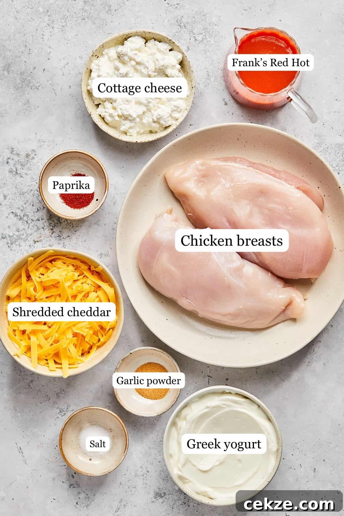 recipe ingredients in small bowls and labeled