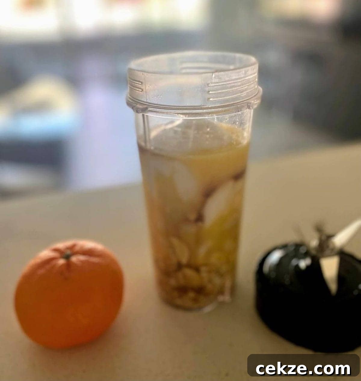 All the dip ingredients in a blender cup on the counter.
