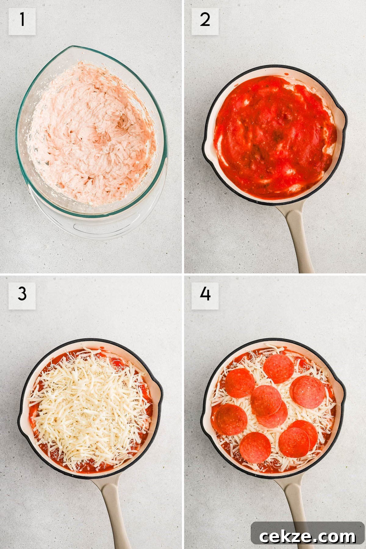 four panel collage image showing how to make pizza dip