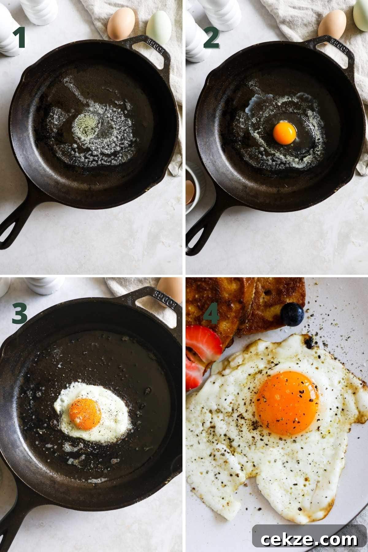 Perfect Sunny-Side-Up Eggs: Step-by-Step Cooking Guide 4 Steps to make sunny side up eggs in a cast iron skillet.