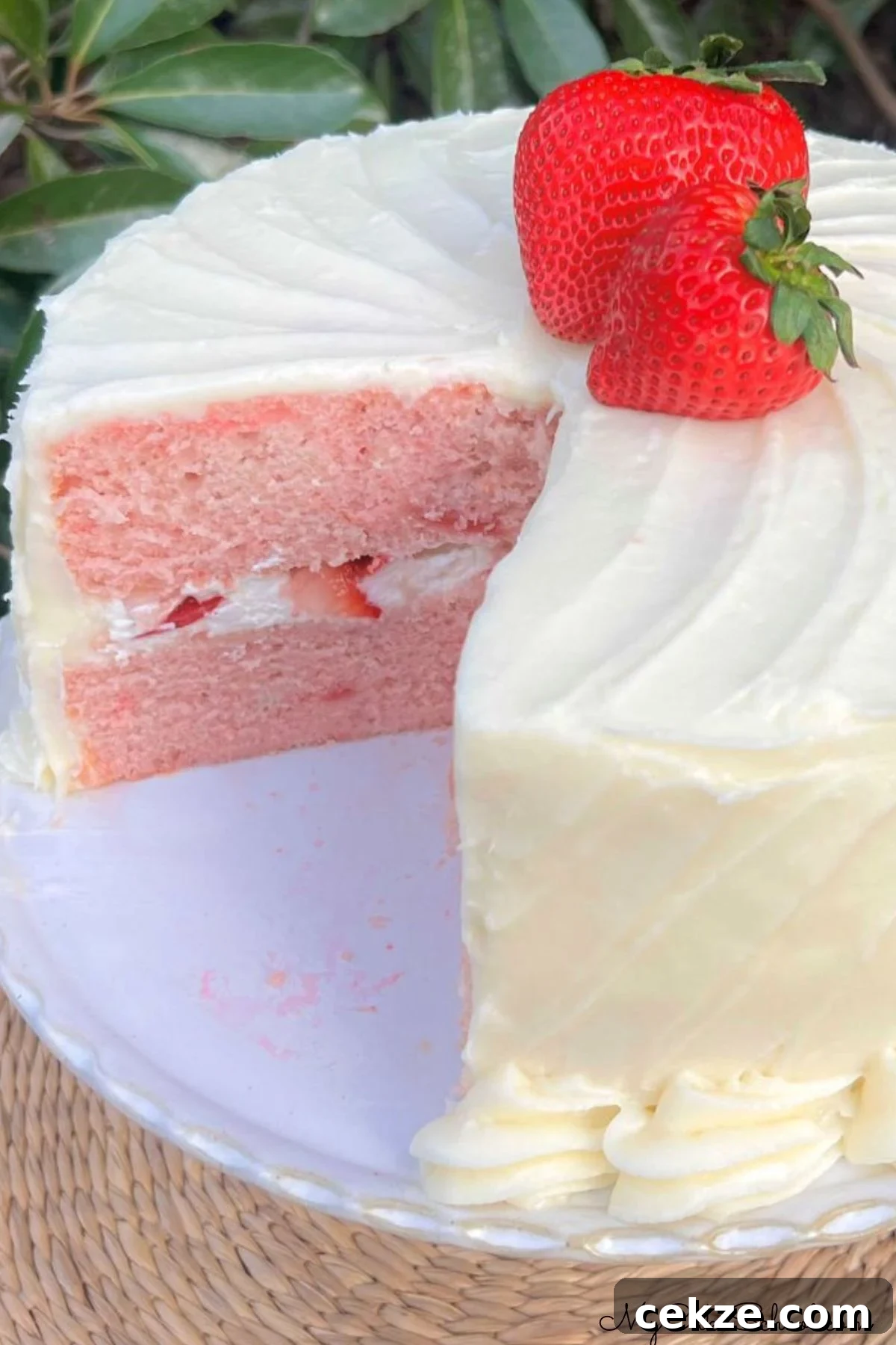 Decadent Strawberry Velvet Cake Recipe with Cream Cheese Frosting 2 Strawberry Velvet Cake, sliced, on a cake pedestal.