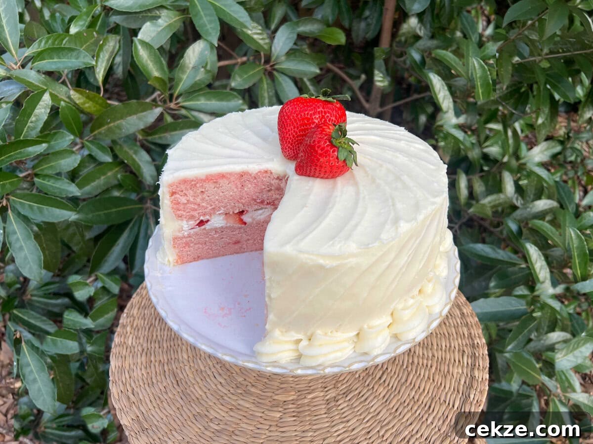 Decadent Strawberry Velvet Cake Recipe with Cream Cheese Frosting 10 Sliced Strawberry Velvet Cake on a pedestal.
