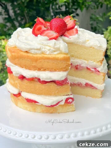 Strawberry Shortcake Cake on a white pedestal