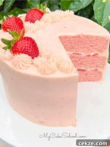 Homemade Strawberry Cake, sliced on a cake pedestal.