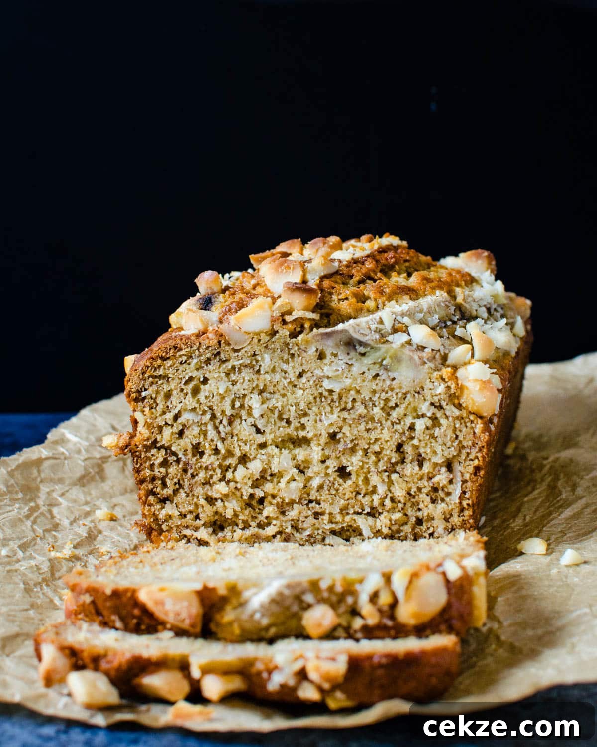 A cross section of the sliced banana bread.