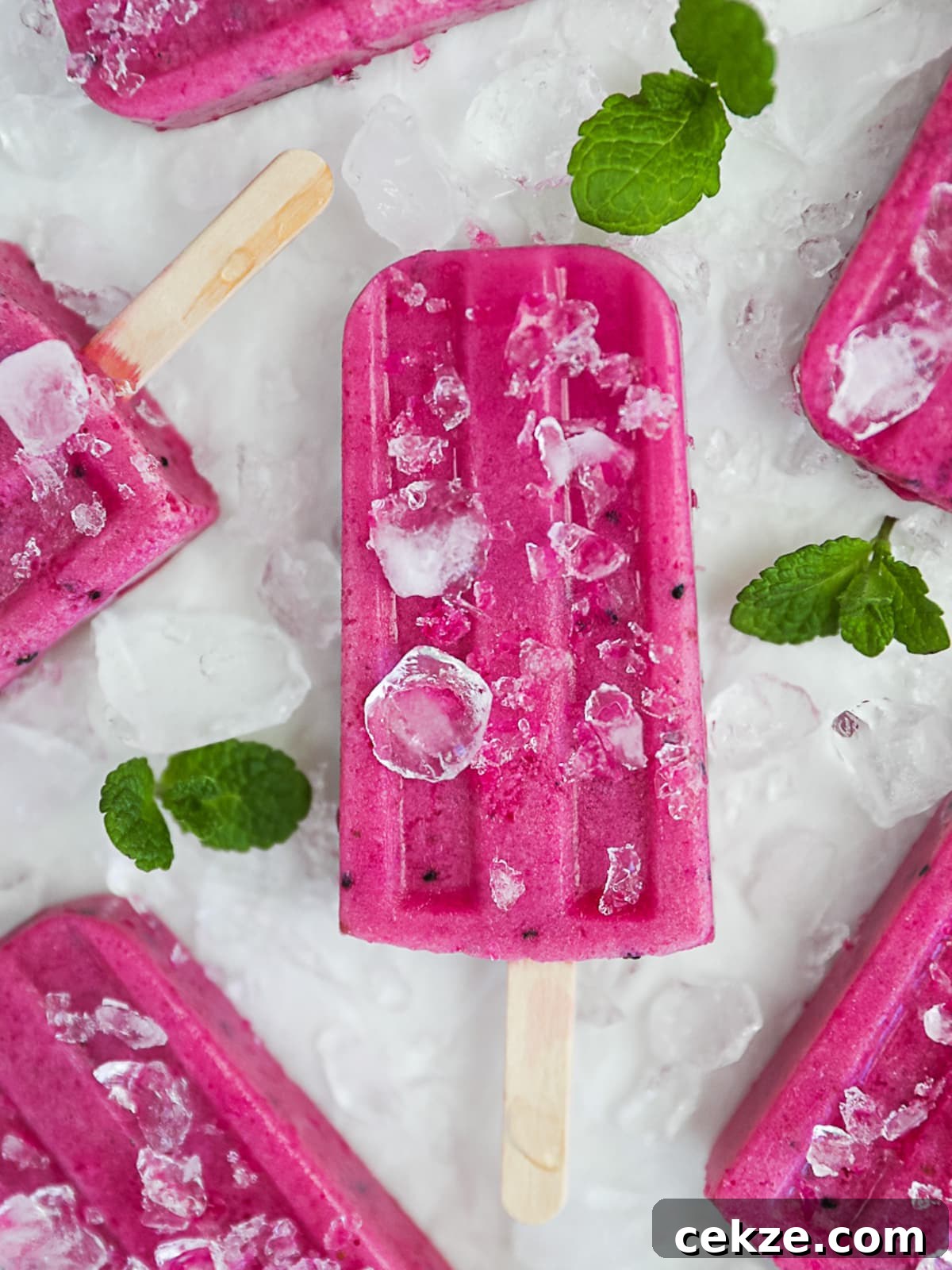 Refreshing Dragon Fruit Popsicle Recipe for Summer Treats 8 A close up shot of bright pink popsicles covered in crushed ice