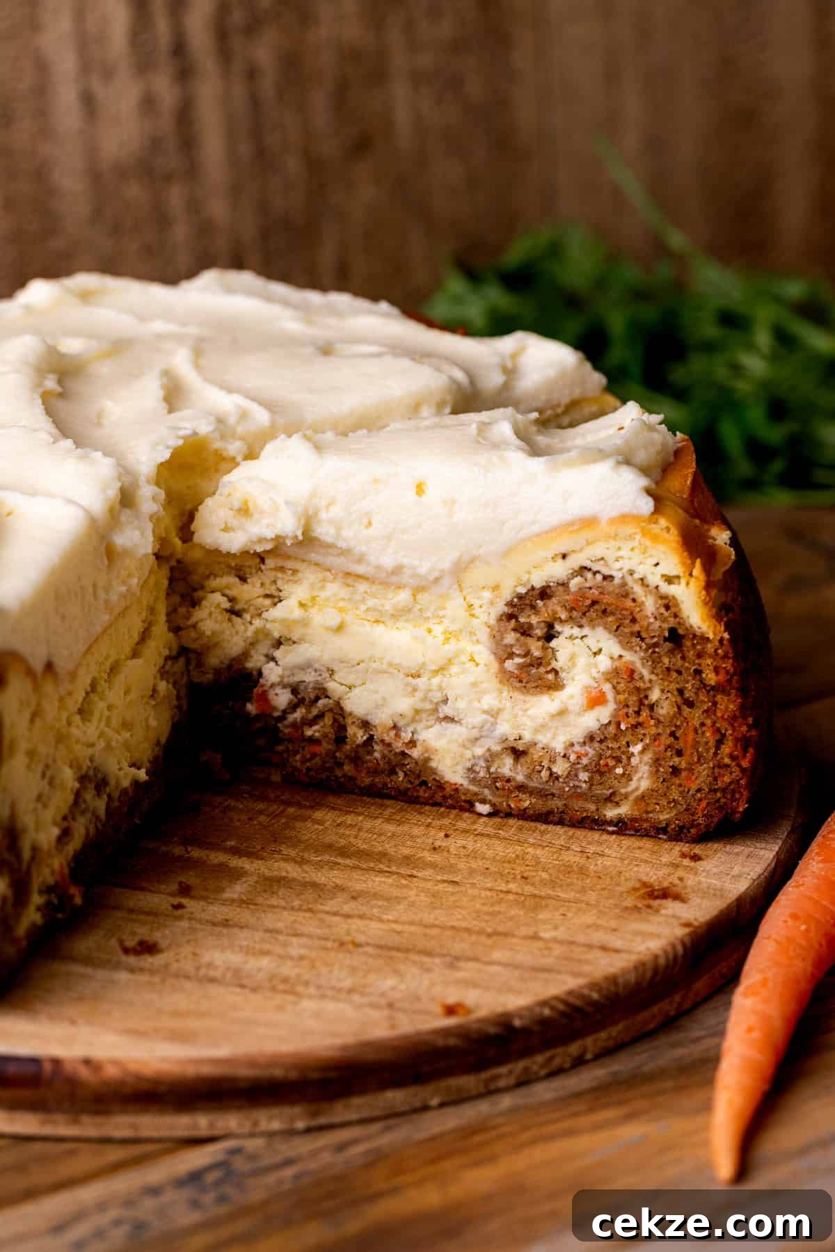 Carrot Cake Cheesecake Recipe: Moist Layered Dessert with Cream Cheese Frosting 2 Slice of carrot cake cheesecake on a platter.