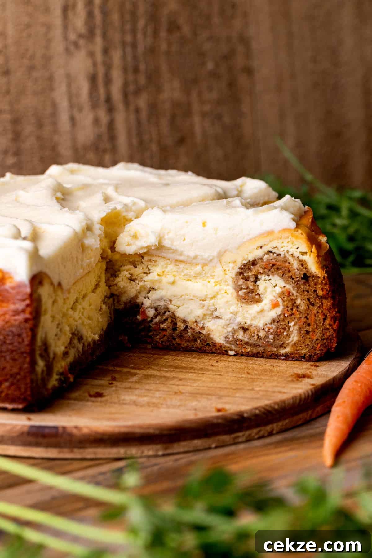 Carrot Cake Cheesecake Recipe: Moist Layered Dessert with Cream Cheese Frosting 12 Cheesecake on a platter.